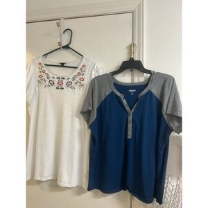2 Torrid Women's Shirts Size 1X White Colorful Design Blue Henley Button